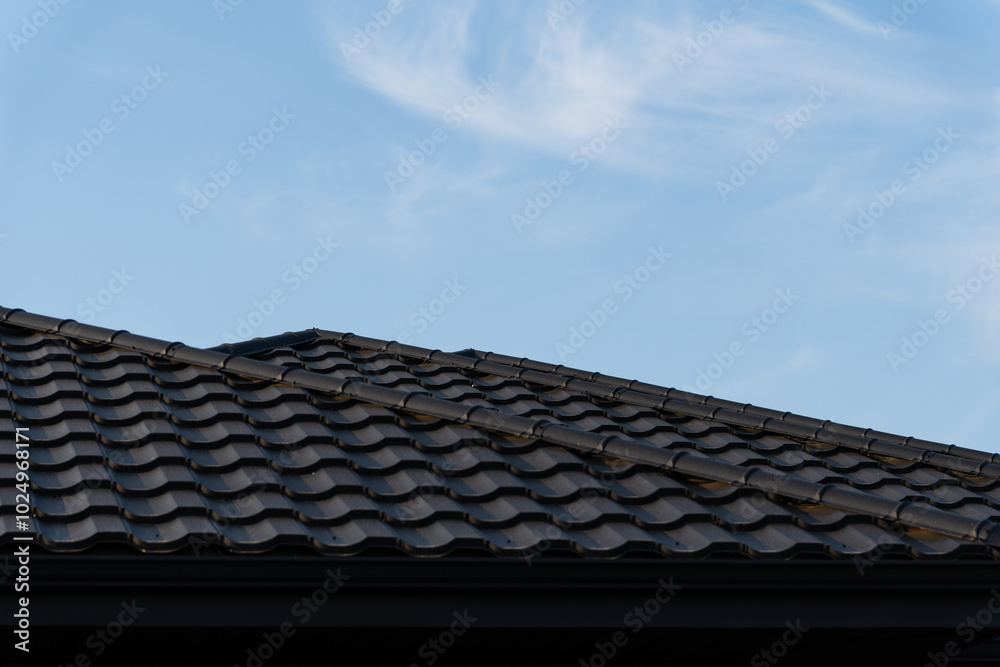 A residential house features a sleek, black metal roof shining under the early morning sun, creating a modern aesthetic against the blue sky A residential house features a sleek, black metal roof shining under the early morning sun, creating a modern aesthetic against the blue sky