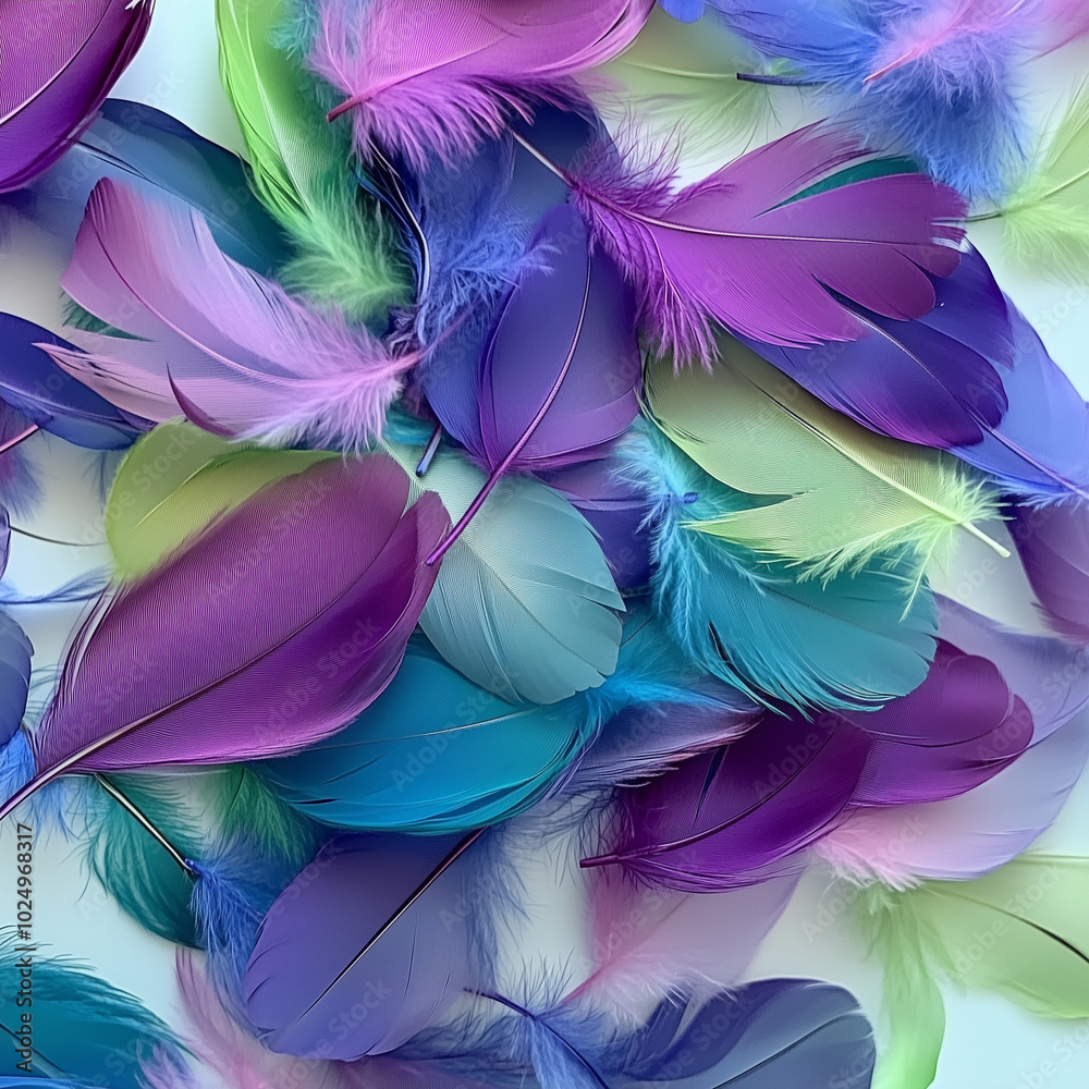 Fototapeta premium A close-up of vibrant, multicolored feathers scattered across a white surface, featuring rich shades of purple, green, and blue, soft natural light highlighting the delicate textures and bright hues 