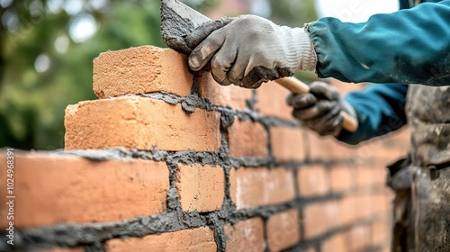 A person laying bricks with mortar to construct a wall.