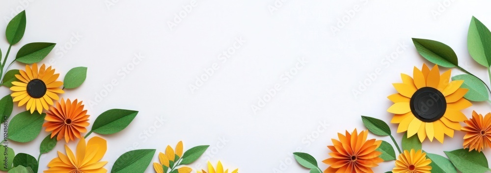 A vibrant arrangement of paper flowers and leaves on a white background. A vibrant arrangement of paper flowers and leaves on a white background.