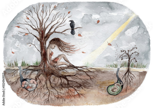 Watercolor illustration of Mother Nature in November. Sitting girl, bare tree, raven, sleeping animals, last beam, autumn. Fall pagan deity, Nature spirit, dryad or forest nymph. Mythological painting
