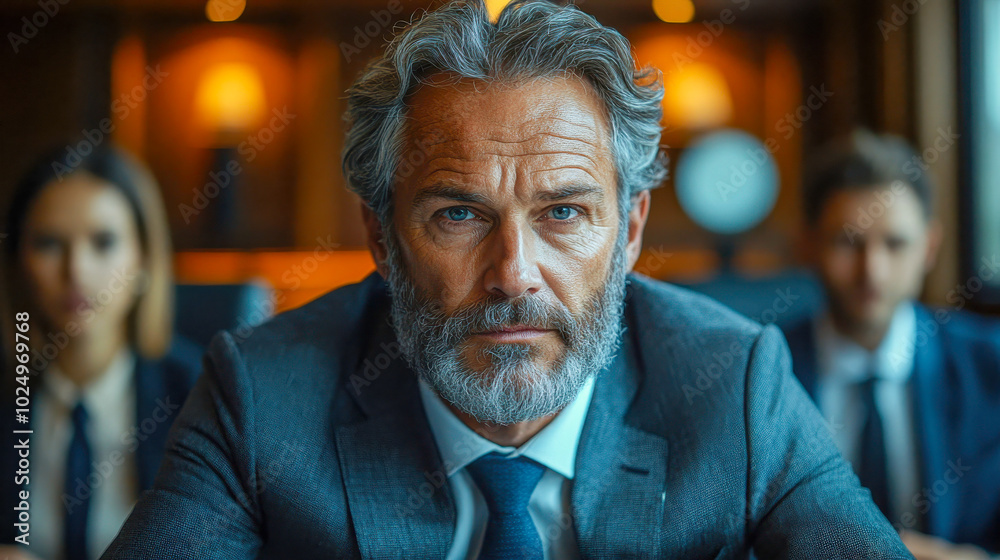 A serious, silver-haired businessman in a suit, looking directly at the camera, with two business professionals blurred behind him A serious, silver-haired businessman in a suit, looking directly at the camera, with two business professionals blurred behind him