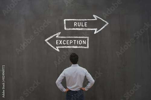 rule and exception arrows, special case, business man looking at arrows