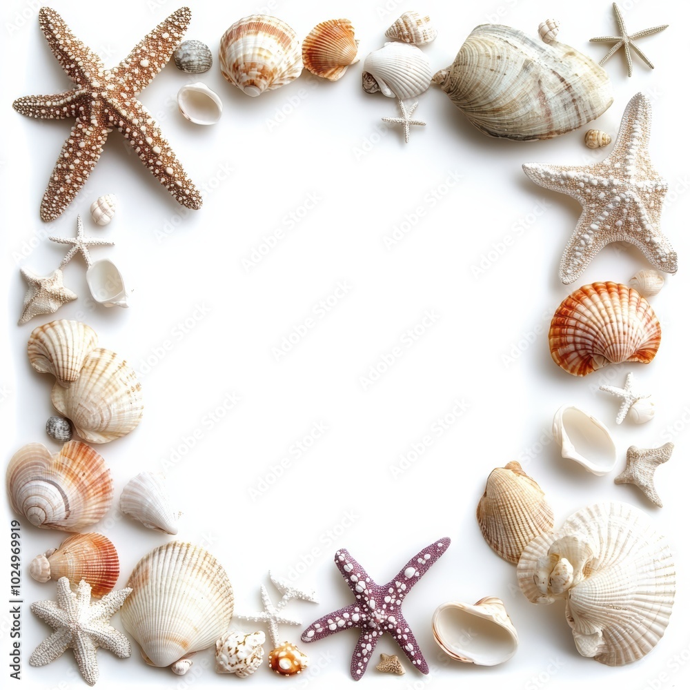 Obraz premium Sand and sea shells beach frame theme background isolated on white sand dollars, starfish