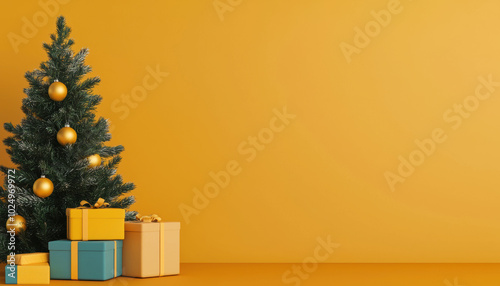 Christmas tree with gifts against a vibrant yellow background. photo