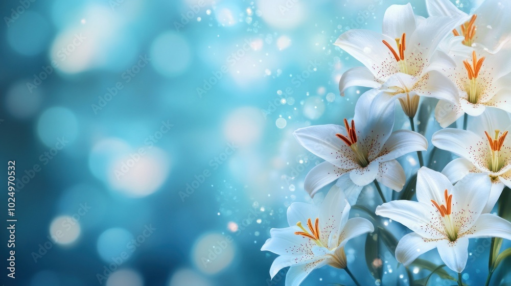 A serene arrangement of white lilies against a soft blue background with bokeh effects. A serene arrangement of white lilies against a soft blue background with bokeh effects.