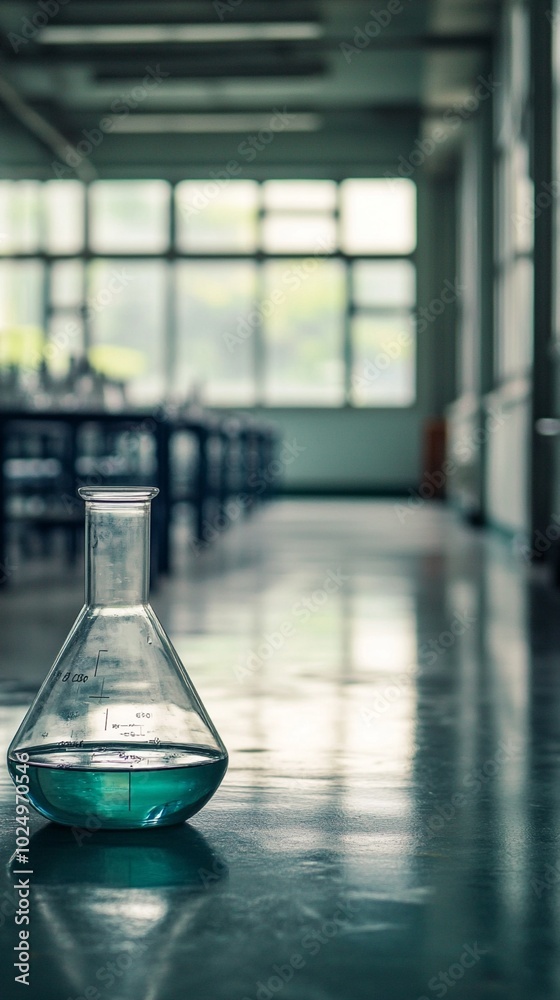 Solitary glass flask with turquoise liquid stands on reflective surface in empty science laboratory, symbolizing research and discovery in quiet academic setting. Solitary glass flask with turquoise liquid stands on reflective surface in empty science laboratory, symbolizing research and discovery in quiet academic setting.