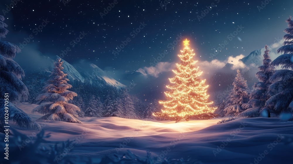 Snowy Winter Wonderland with Christmas Tree, AI generated illustration.