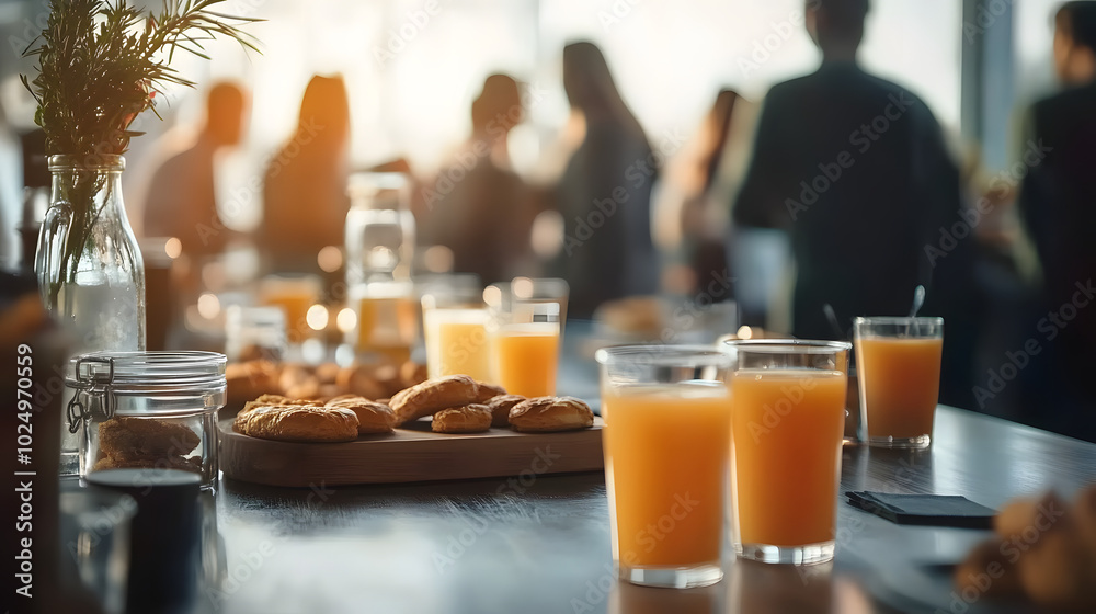 Breakfast setup on a table with juice, pastries, and people mingling in the background, highlighting social gatherings. Concept of community, hospitality, and morning. Breakfast setup on a table with juice, pastries, and people mingling in the background, highlighting social gatherings. Concept of community, hospitality, and morning.