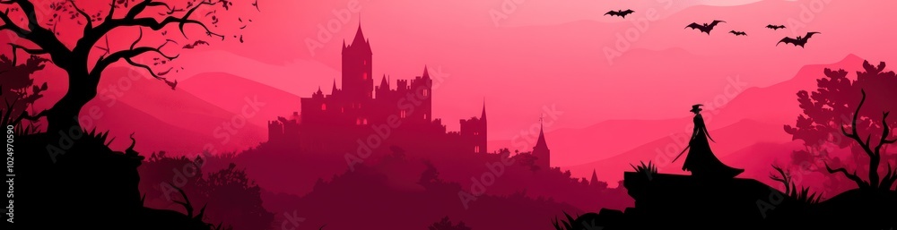 A silhouette of a castle against a pink twilight sky, evoking a mysterious atmosphere. A silhouette of a castle against a pink twilight sky, evoking a mysterious atmosphere.