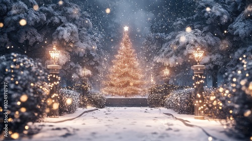 Snowy Winter Wonderland with Christmas Tree, AI generated illustration.