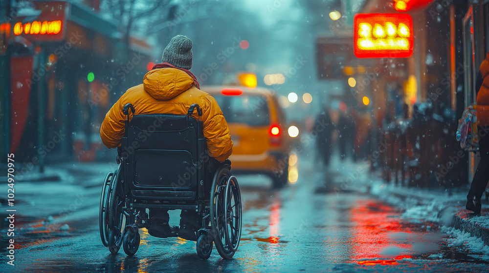 Obraz premium Rear view of a person in a yellow raincoat in a wheelchair on a rainy city street