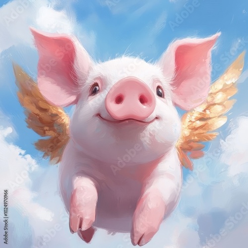 A whimsical flying pig with golden wings soaring through a blue sky.