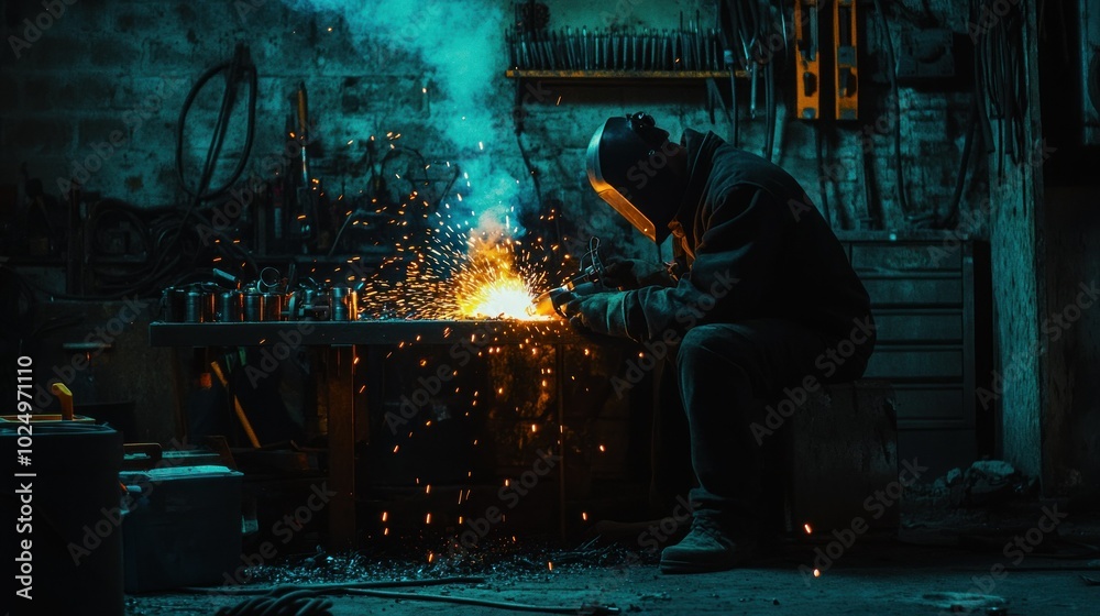 A welder working in a dimly lit workshop, sparks flying around. A welder working in a dimly lit workshop, sparks flying around.