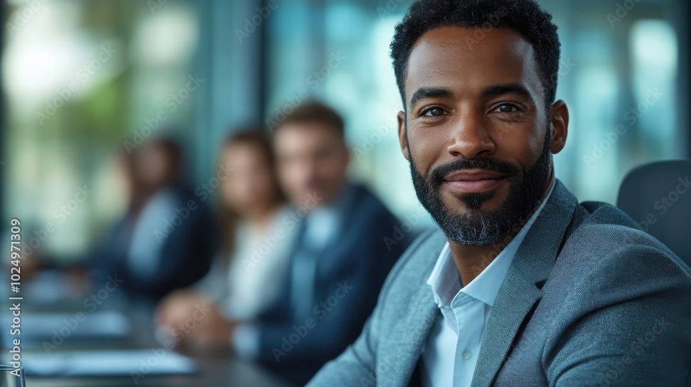 Smiling man in suit sitting at a table with other people Smiling man in suit sitting at a table with other people