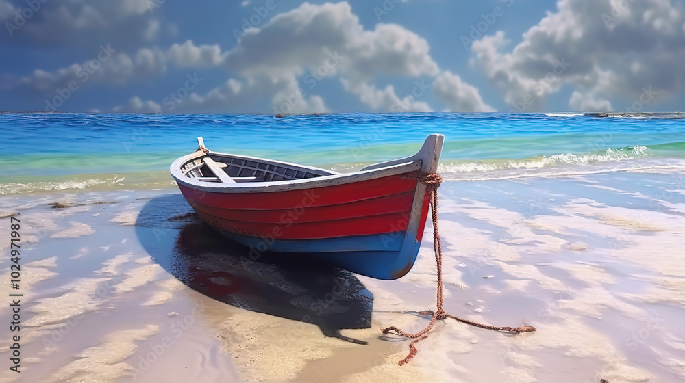 Naklejka premium Seaside Serenity A Fishing Boat Anchored on the Beach Awaiting the Tide
