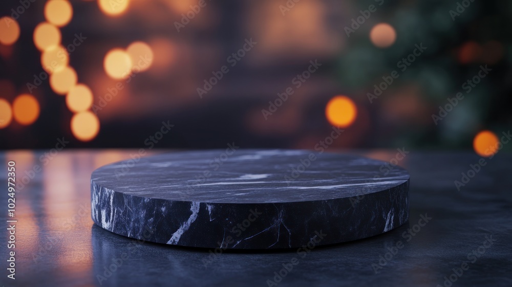 A round marble surface on a dark table with blurred lights in the background. A round marble surface on a dark table with blurred lights in the background.