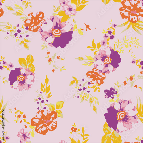 Big flowers pattern, upscale floral pattern. graphical textures floral, trendy colors pattern , flowers background with leaves. vector illustration.