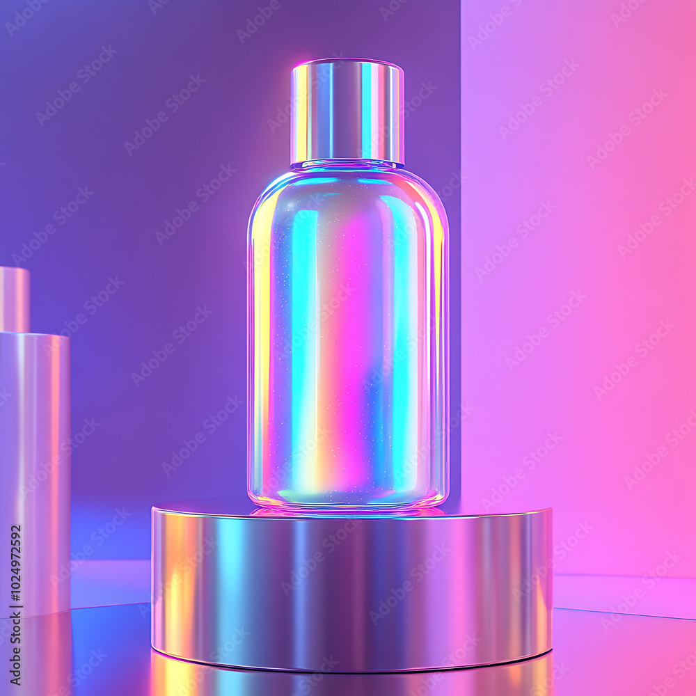 A iridescent bottle of perfume sits on a silver podium, bathed in vibrant pink and purple lighting. A iridescent bottle of perfume sits on a silver podium, bathed in vibrant pink and purple lighting.