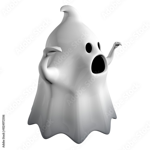 Side view of little white cartoon ghost with black mouth and eyes screaming