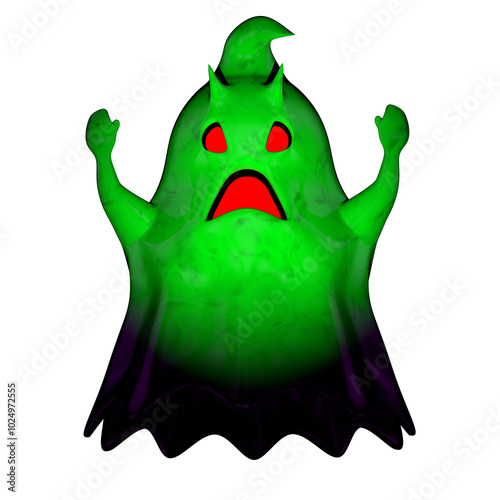 Bottom view of little green cartoon evil ghost with red mouth and eyes screaming