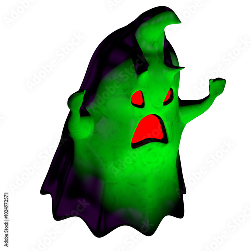 Side view of little green cartoon evil ghost with red mouth and eyes screaming