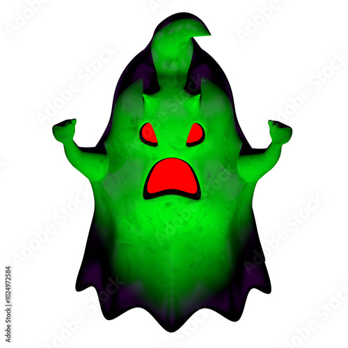 Front view of little green cartoon evil ghost with red mouth and eyes screaming