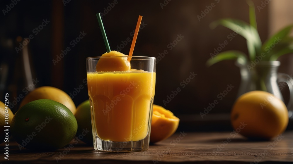 Fototapeta premium A glass of fresh orange juice with two straws, surrounded by oranges on a wooden table.