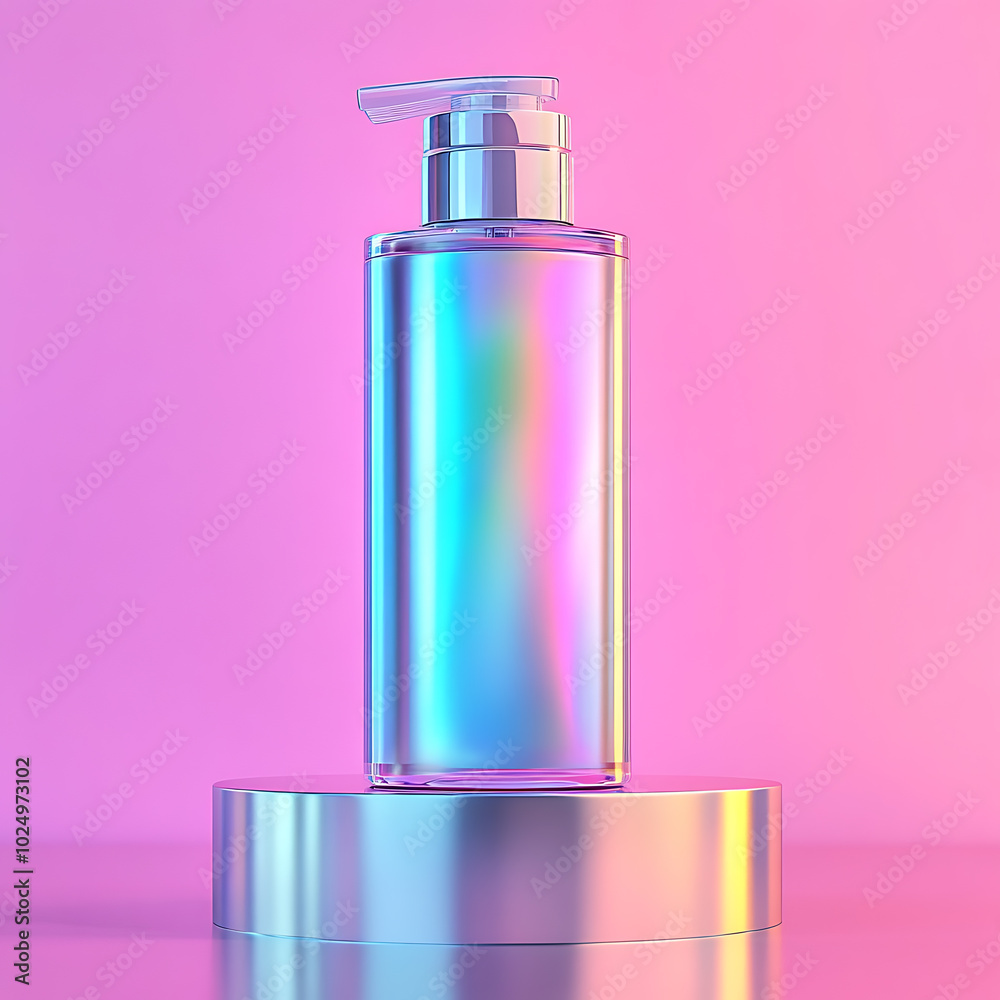 A holographic pump bottle sits on a silver platform against a pink background, ready for product display. A holographic pump bottle sits on a silver platform against a pink background, ready for product display.