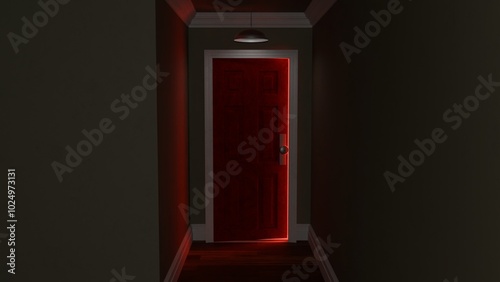 3D red door opened in the dark room with cinematic red light making horror and thriller atmosphere