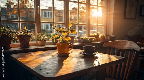 Cozy Modern Home Caf with Wooden Tables and Chairs Soft Lighting and Potted Plants in a Tranquil Isolated Background Setting Inviting and Harmonious Interior Design