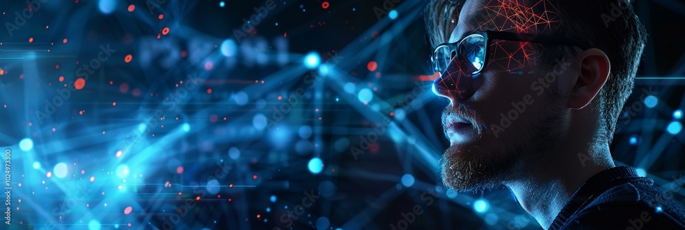 Futuristic profile of a bearded man with glasses, surrounded by glowing blue network connections and data points in a dark, high-tech environment. Futuristic profile of a bearded man with glasses, surrounded by glowing blue network connections and data points in a dark, high-tech environment.