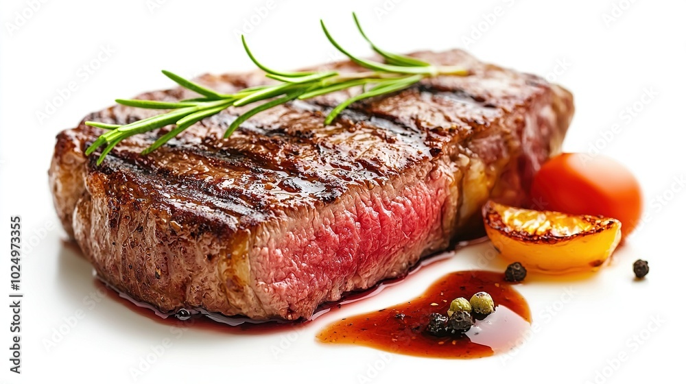 A perfectly cooked steak resting atop a pristine white plate, alongside a juicy tomato and a sprinkle of freshly ground black pepper A perfectly cooked steak resting atop a pristine white plate, alongside a juicy tomato and a sprinkle of freshly ground black pepper