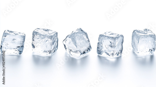 Clear ice cubes arranged neatly on a smooth surface in bright natural light