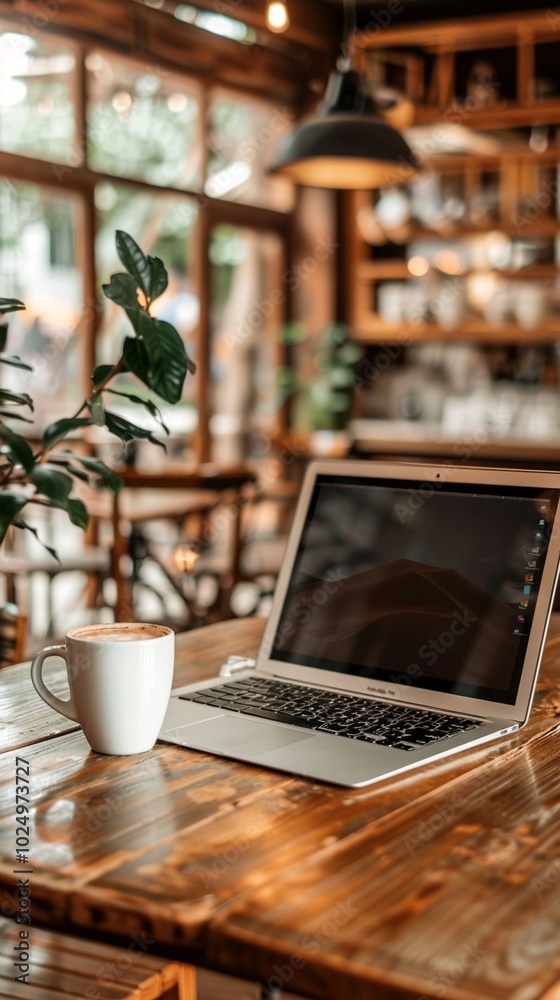 Cozy cafe ambiance with laptop and coffee cup on wooden table, surrounded by warm lighting and lush plants, perfect for remote work or study. Cozy cafe ambiance with laptop and coffee cup on wooden table, surrounded by warm lighting and lush plants, perfect for remote work or study.