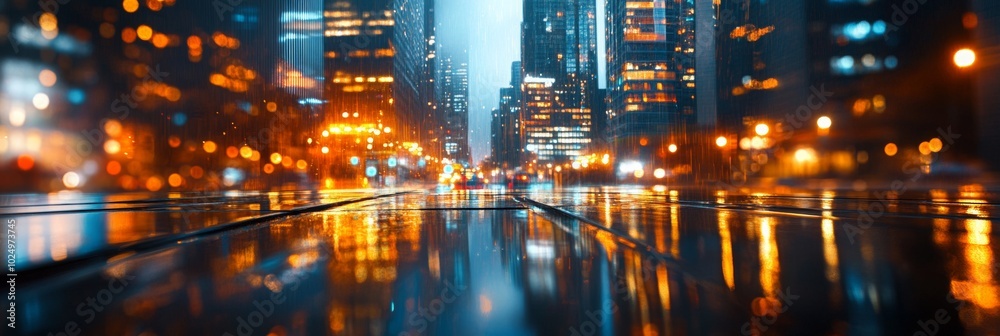 Shimmering Metal Reflection, a sleek metallic surface mirroring a lively urban skyline, accentuating its bright, polished sheen