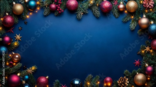 Festive blue background with christmas ornaments, lights annd branches. Sparkly new year wallpaper with copy space in the middle photo