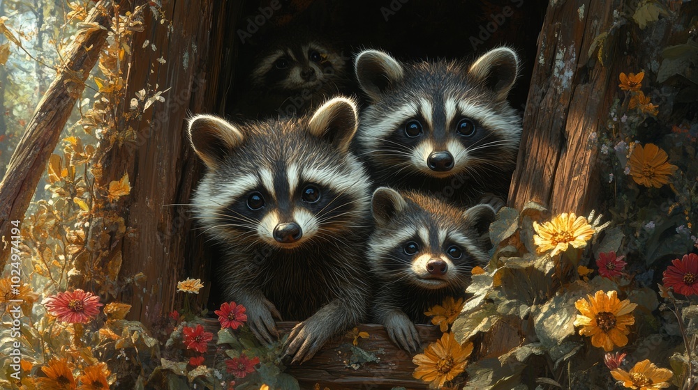 Raccoon Family in Blooming Garden, playful raccoons curiously exploring vibrant flowers and lush greenery in a serene outdoor setting Raccoon Family in Blooming Garden, playful raccoons curiously exploring vibrant flowers and lush greenery in a serene outdoor setting