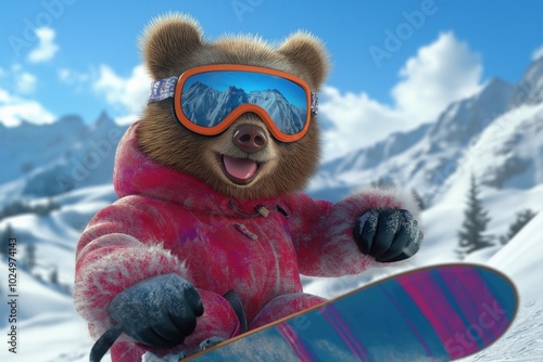 Brown bear wears red jacket and rides blue orange snowboard at ski resort. Bear face is happy with big smile. Snowy mountain landscape with clear blue sky and fluffy white clouds. photo