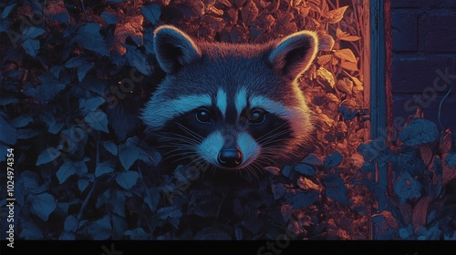 Curious raccoon observing from a garden bush at twilight, urban setting, soft evening glow, nature's charm in the city