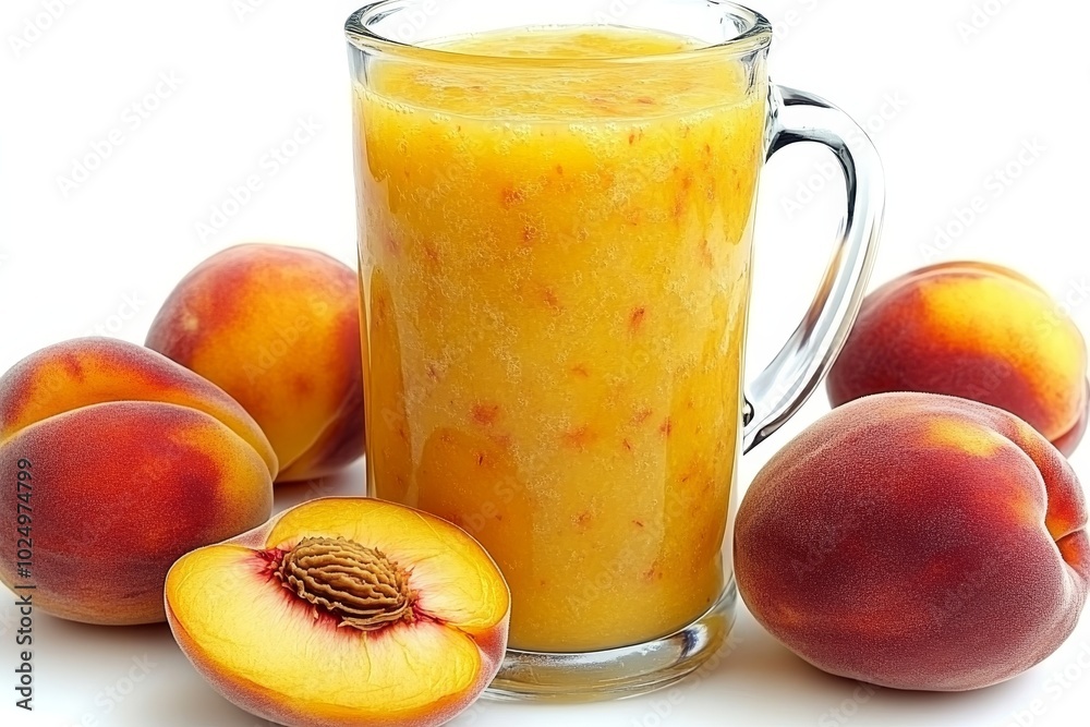 Ripe, Freshly Squeezed Peach Juice Embracing Peaches, Health, with Isolation, Elegance.