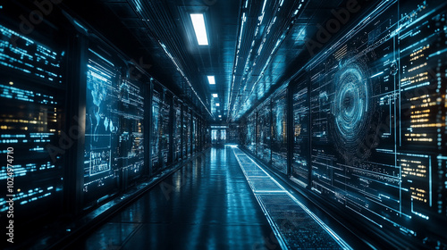 Futuristic corridor with glowing holograms and digital data walls in a high-tech space