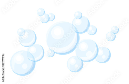 Air bubbles in cartoon style. Vector illustration of beautiful and transparent soap bubbles isolated on white background. Blue round bubbles of different sizes. Foam.