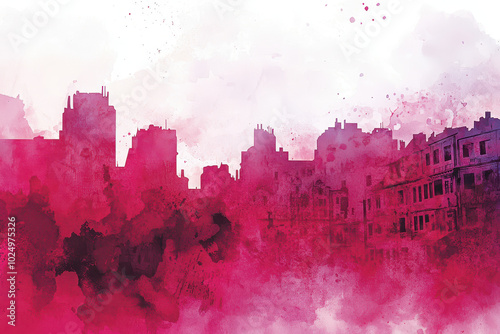 A vibrant watercolor cityscape silhouette in hues of pink and purple, portraying an abstract urban landscape.