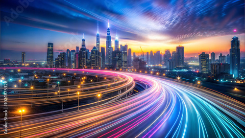 Abstract background of the travel of light through fiber optic cables with city.