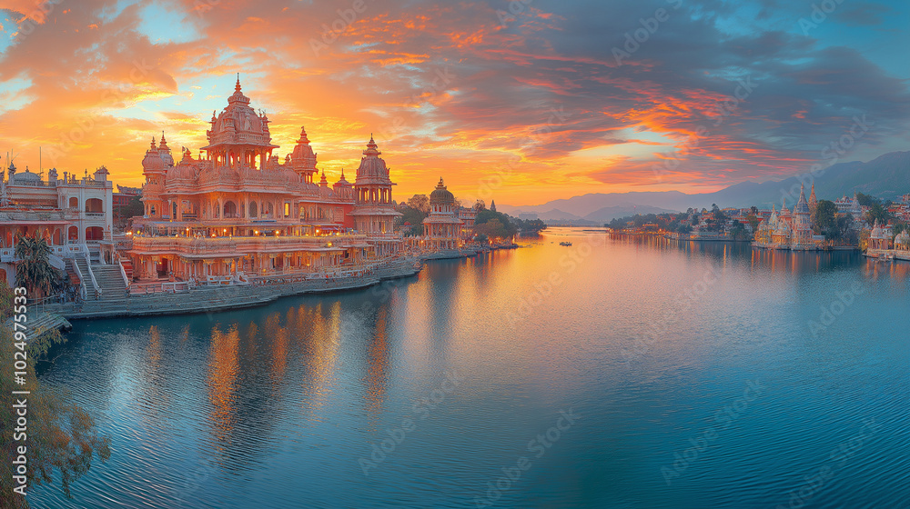 Majestic Indian Temple by a Tranquil Lake at Sunset, Reflecting Spiritual Serenity During a Festival Majestic Indian Temple by a Tranquil Lake at Sunset, Reflecting Spiritual Serenity During a Festival