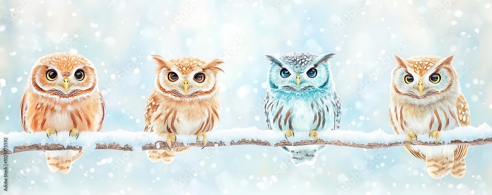 Winter wonderland with owls, Perched owls in a snowy forest, Owls perched on snow-covered branches Winter wonderland with owls, Perched owls in a snowy forest, Owls perched on snow-covered branches