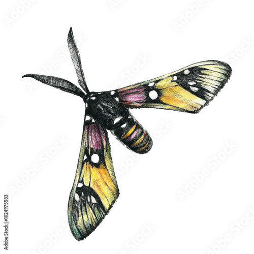 Wasp Moth colored pencil on white isolated background
