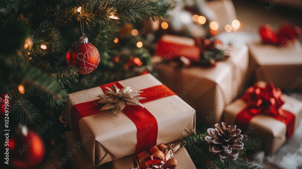 Beautiful Christmas decorations under the tree. AI generated illustration. Beautiful Christmas decorations under the tree. AI generated illustration.