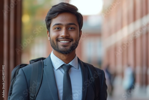 Man wearing a suit and tie is smiling for the camera. He is wearing a backpack and has a tie on. Confident Indian Student in Formal Attire with Backpack, Standing Outdoors on Campus